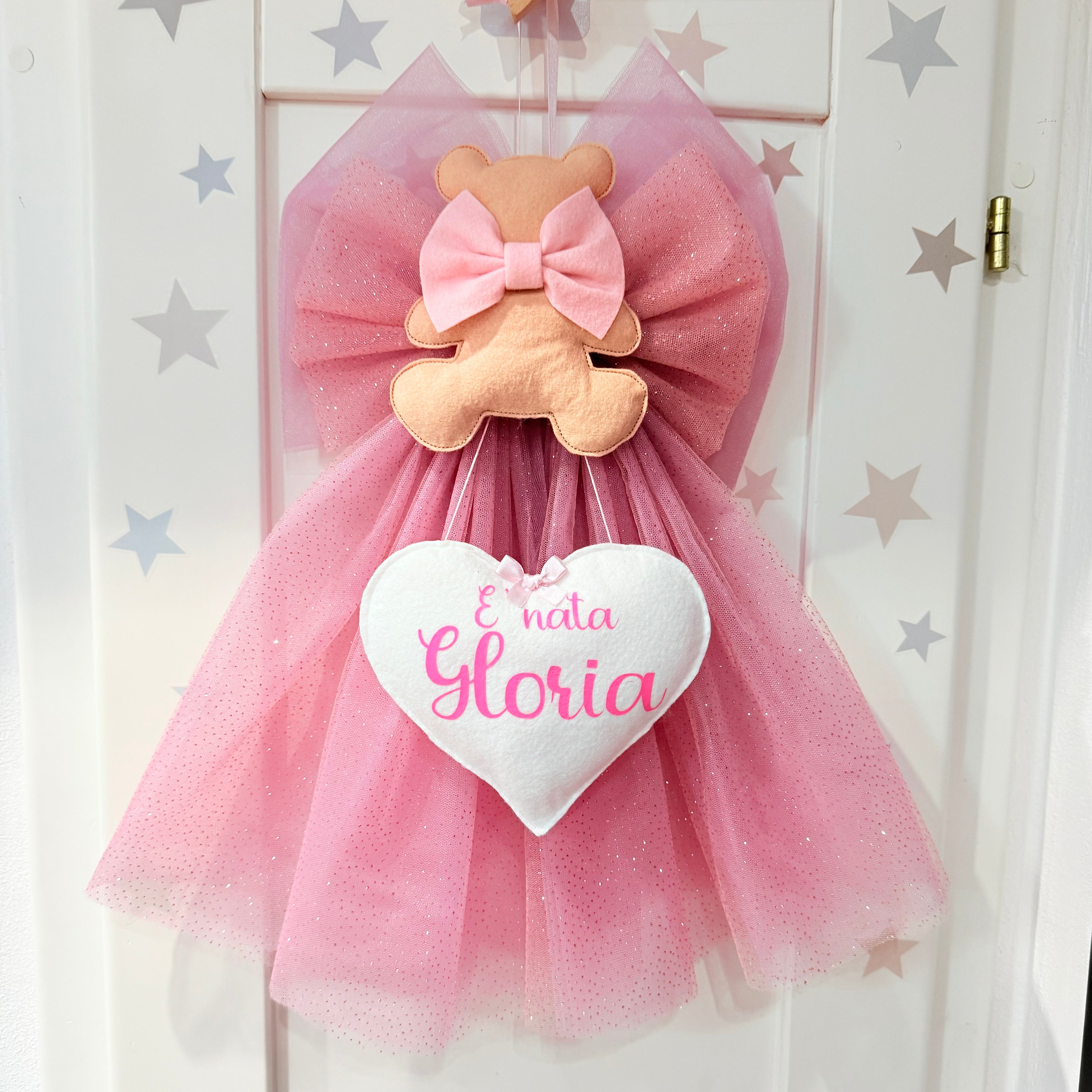 Fiocco Tulle Rosa Cipolla e Glitter Orsetta